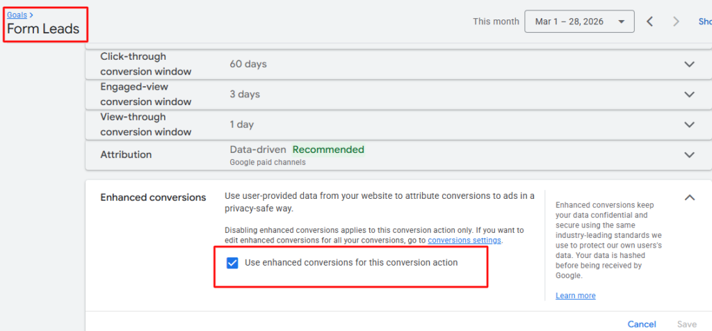 enabled enhanced conversion in form lead conversion action